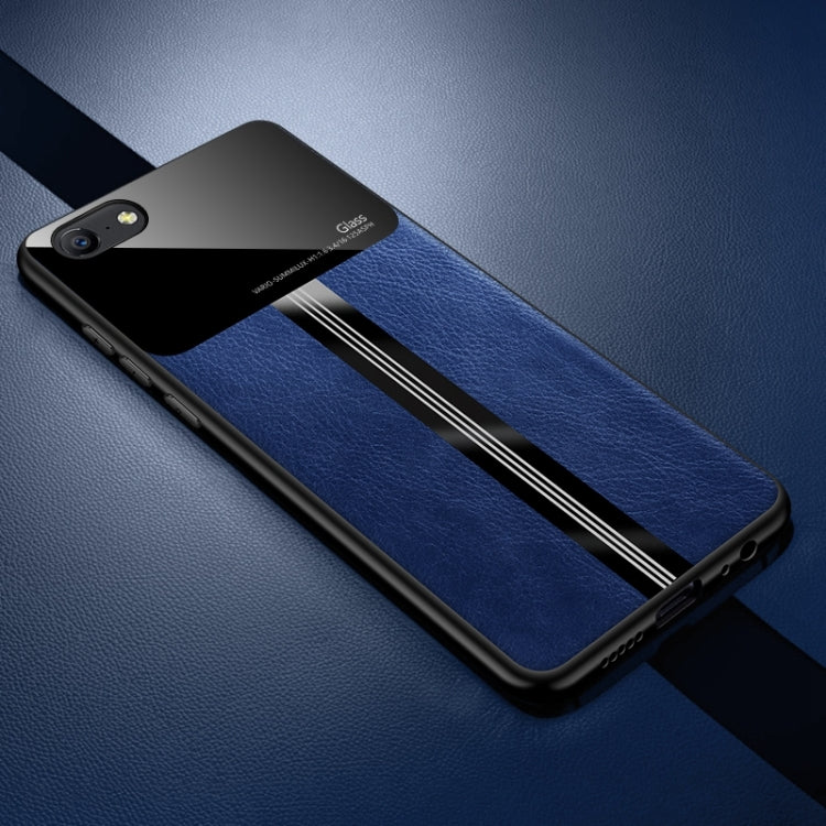 For OPPO A57 Leather Texture PU + Glass + TPU Shockproof Protective Case