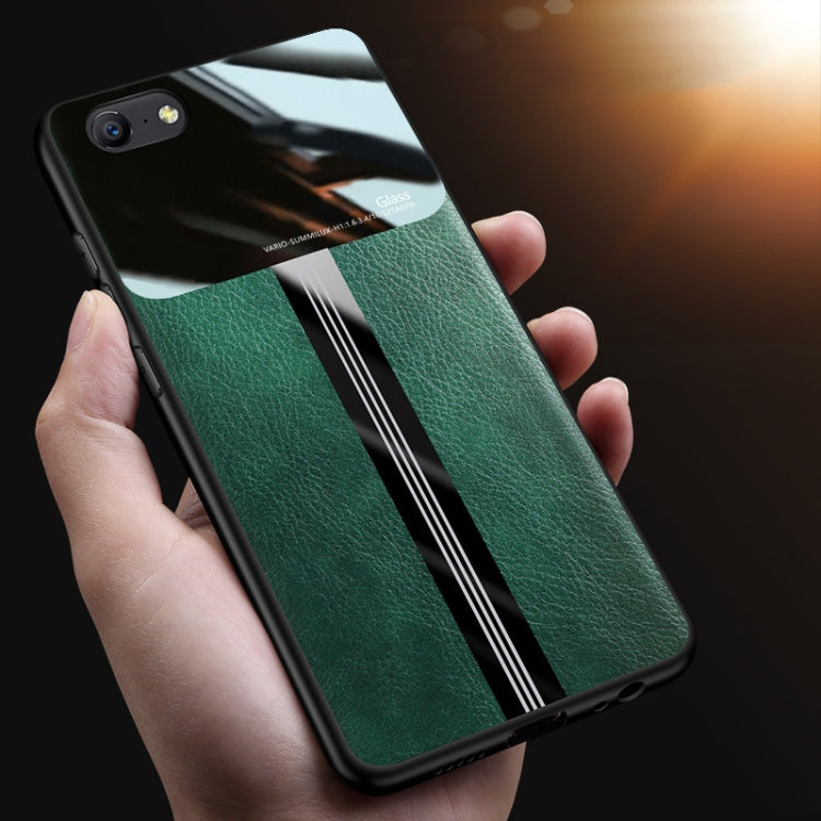 For OPPO A57 Leather Texture PU + Glass + TPU Shockproof Protective Case