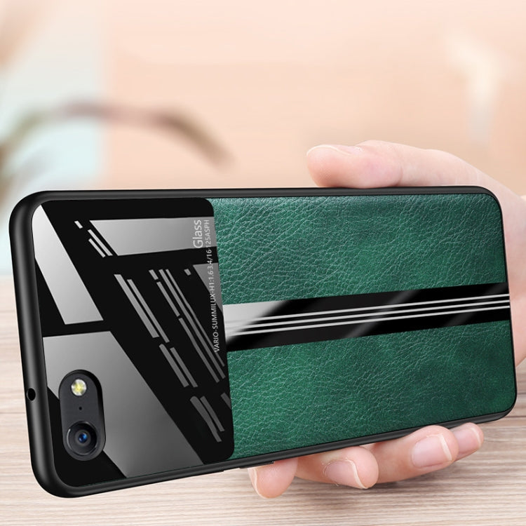 For OPPO A57 Leather Texture PU + Glass + TPU Shockproof Protective Case