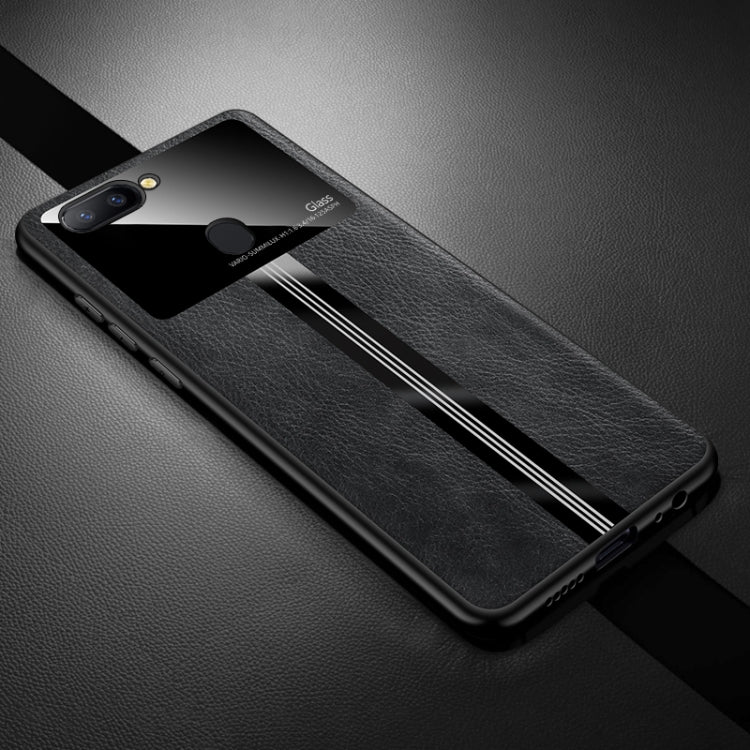 For OPPO R11s Leather Texture PU + Glass + TPU Shockproof Protective Case