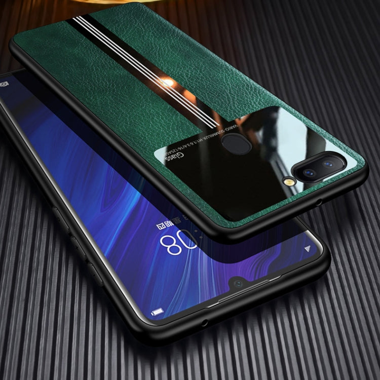 For OPPO R11s Leather Texture PU + Glass + TPU Shockproof Protective Case