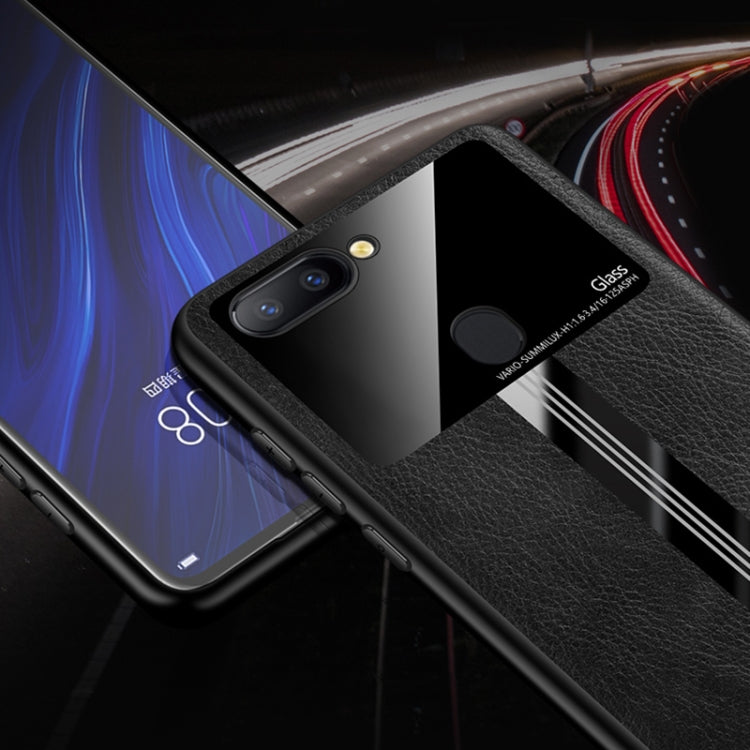 For OPPO R11s Leather Texture PU + Glass + TPU Shockproof Protective Case