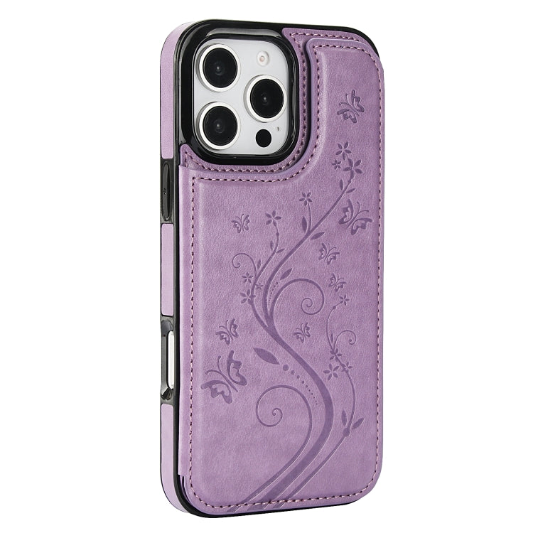 For iPhone 16 Pro Max Double Buckle Butterfly Embossing PU Phone Case
