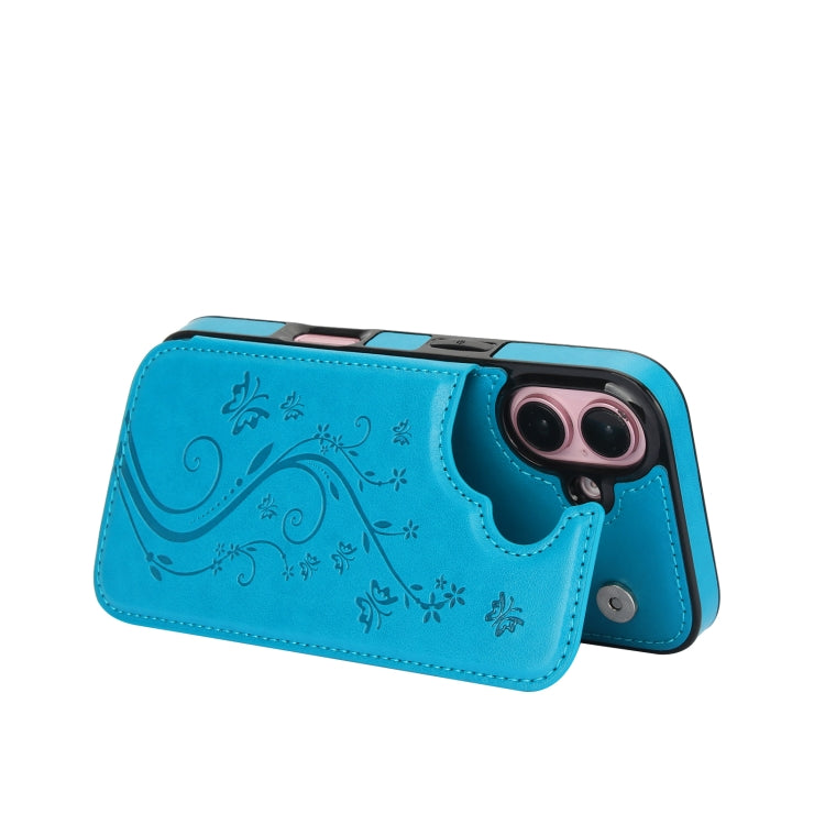 For iPhone 16 Double Buckle Butterfly Embossing PU Phone Case