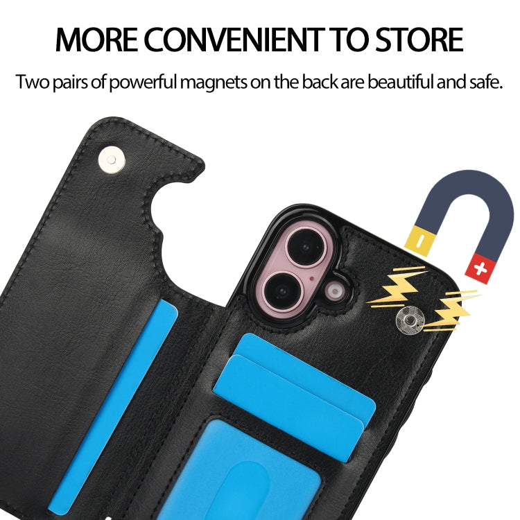 For iPhone 16 Plus Double Buckle Crazy Horse Texture PU Phone Case