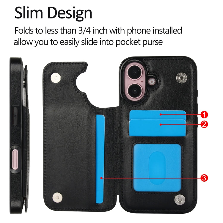 For iPhone 16 Plus Double Buckle Crazy Horse Texture PU Phone Case