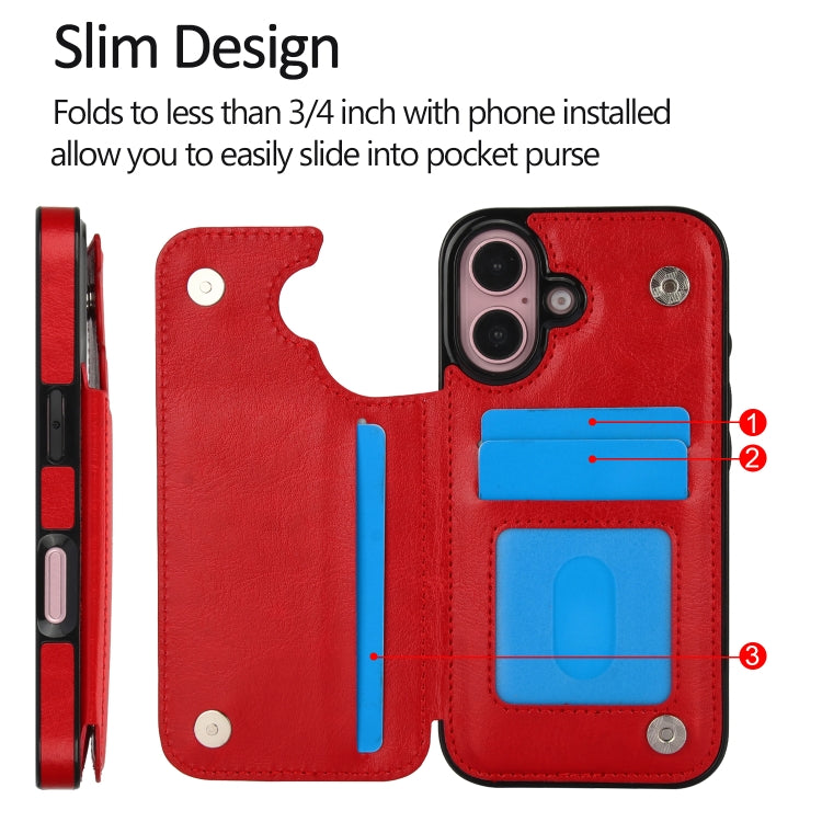 For iPhone 16 Plus Double Buckle Crazy Horse Texture PU Phone Case