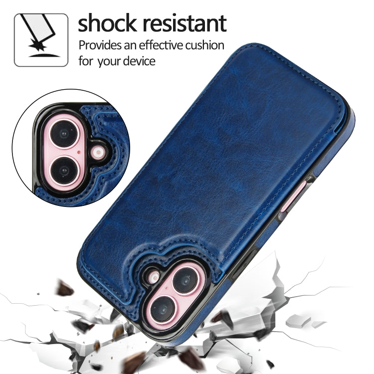 For iPhone 16 Plus Double Buckle Crazy Horse Texture PU Phone Case