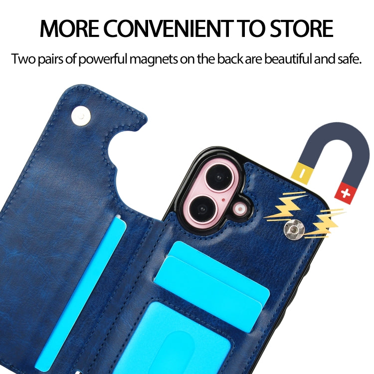 For iPhone 16 Plus Double Buckle Crazy Horse Texture PU Phone Case
