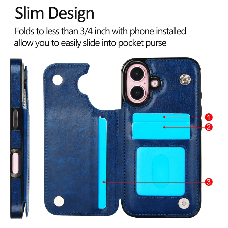 For iPhone 16 Plus Double Buckle Crazy Horse Texture PU Phone Case