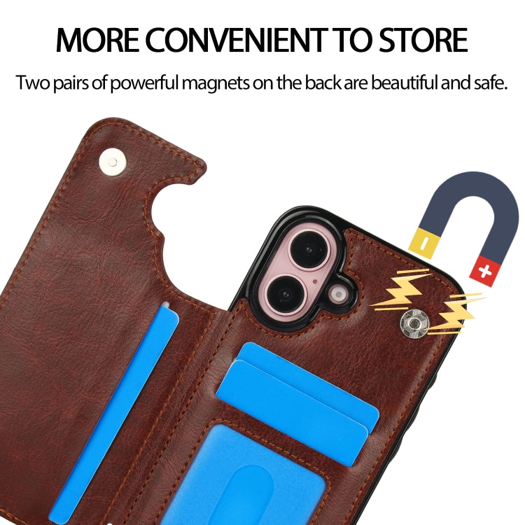 For iPhone 16 Plus Double Buckle Crazy Horse Texture PU Phone Case