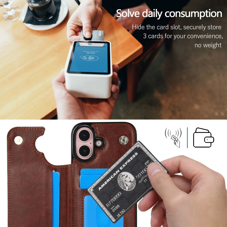 For iPhone 16 Plus Double Buckle Crazy Horse Texture PU Phone Case