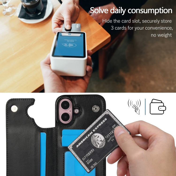 For iPhone 16 Double Buckle Crazy Horse Texture PU Phone Case