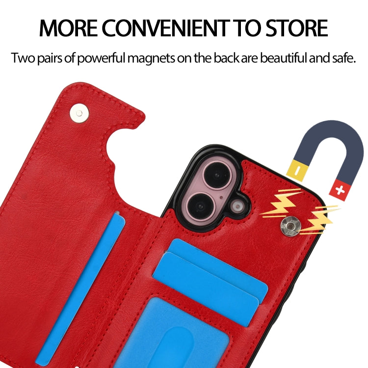 For iPhone 16 Double Buckle Crazy Horse Texture PU Phone Case