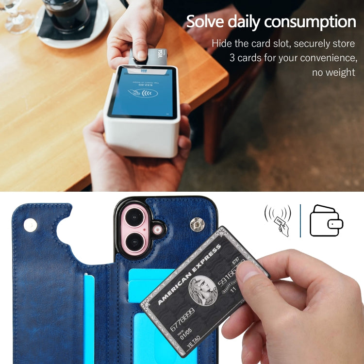 For iPhone 16 Double Buckle Crazy Horse Texture PU Phone Case