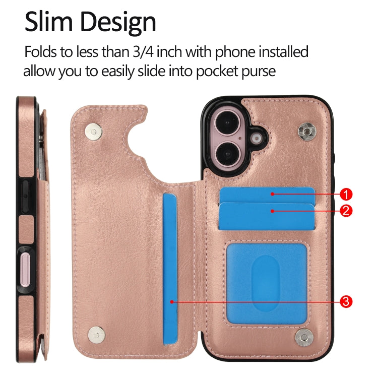 For iPhone 16 Double Buckle Crazy Horse Texture PU Phone Case