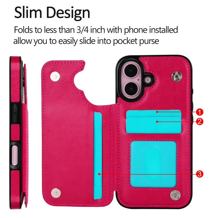 For iPhone 16 Double Buckle Crazy Horse Texture PU Phone Case