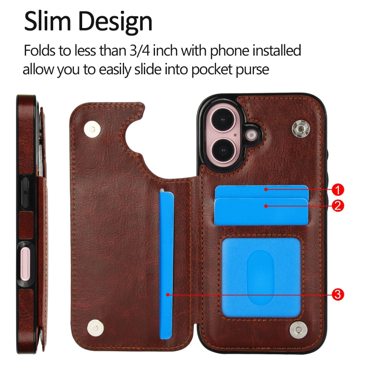 For iPhone 16 Double Buckle Crazy Horse Texture PU Phone Case