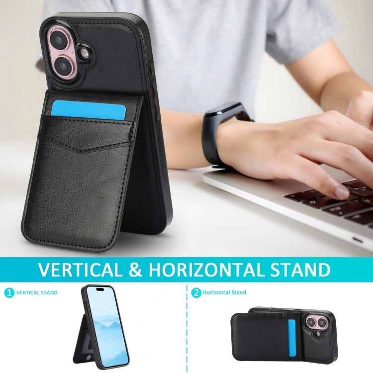 For iPhone 16 Plus Solid Color Card Slots Bracket PU Phone Case