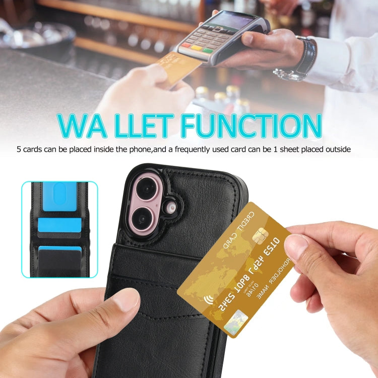For iPhone 16 Plus Solid Color Card Slots Bracket PU Phone Case