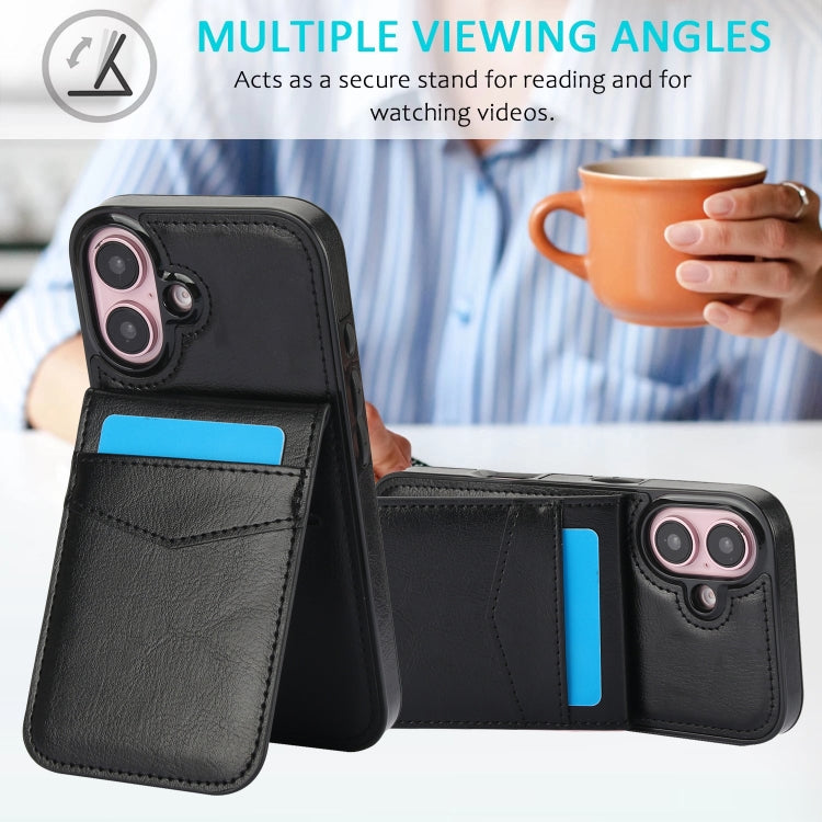 For iPhone 16 Plus Solid Color Card Slots Bracket PU Phone Case