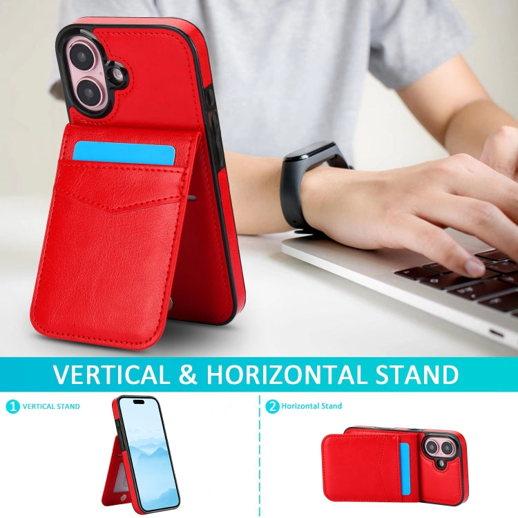 For iPhone 16 Plus Solid Color Card Slots Bracket PU Phone Case