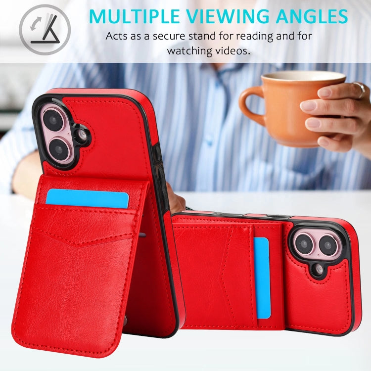 For iPhone 16 Plus Solid Color Card Slots Bracket PU Phone Case