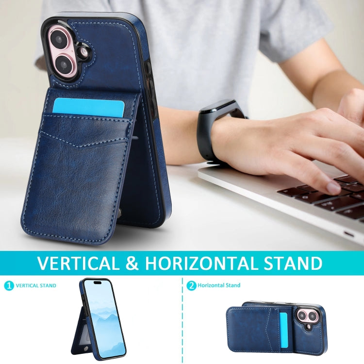 For iPhone 16 Plus Solid Color Card Slots Bracket PU Phone Case