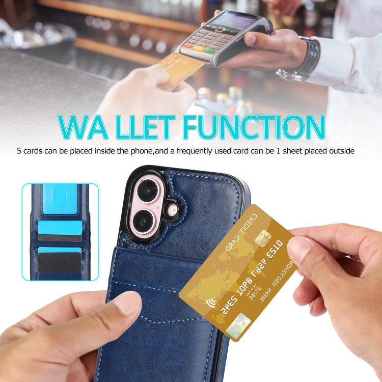 For iPhone 16 Plus Solid Color Card Slots Bracket PU Phone Case
