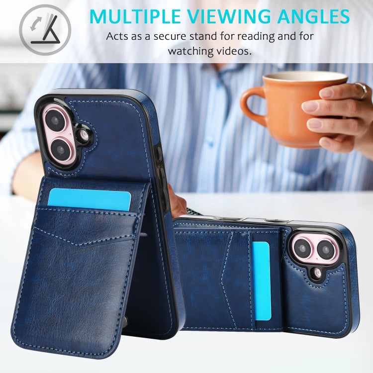For iPhone 16 Plus Solid Color Card Slots Bracket PU Phone Case