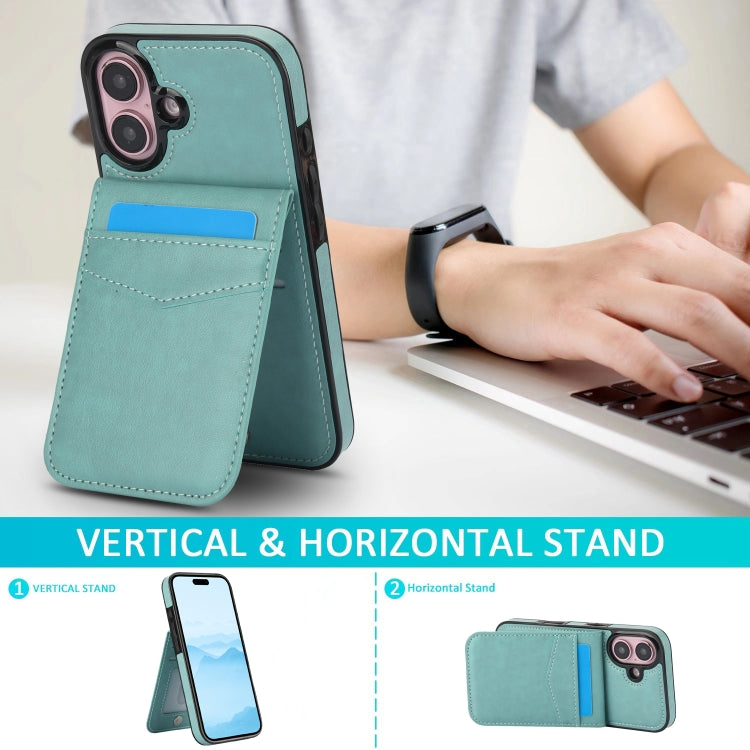 For iPhone 16 Plus Solid Color Card Slots Bracket PU Phone Case