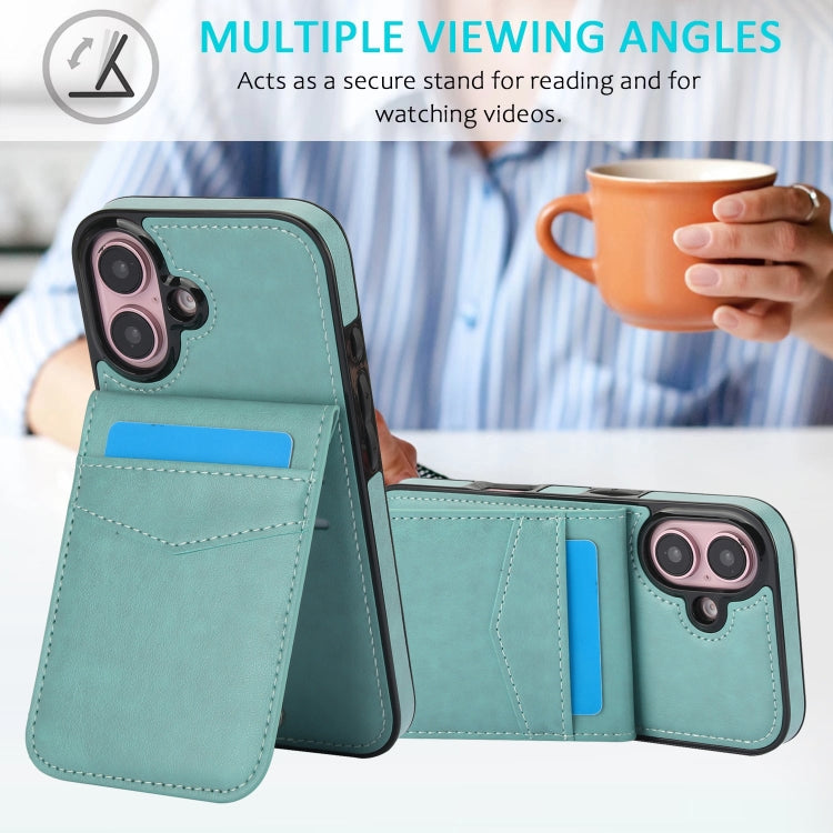 For iPhone 16 Plus Solid Color Card Slots Bracket PU Phone Case