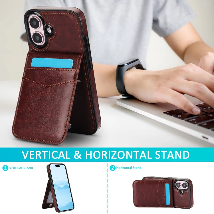 For iPhone 16 Plus Solid Color Card Slots Bracket PU Phone Case