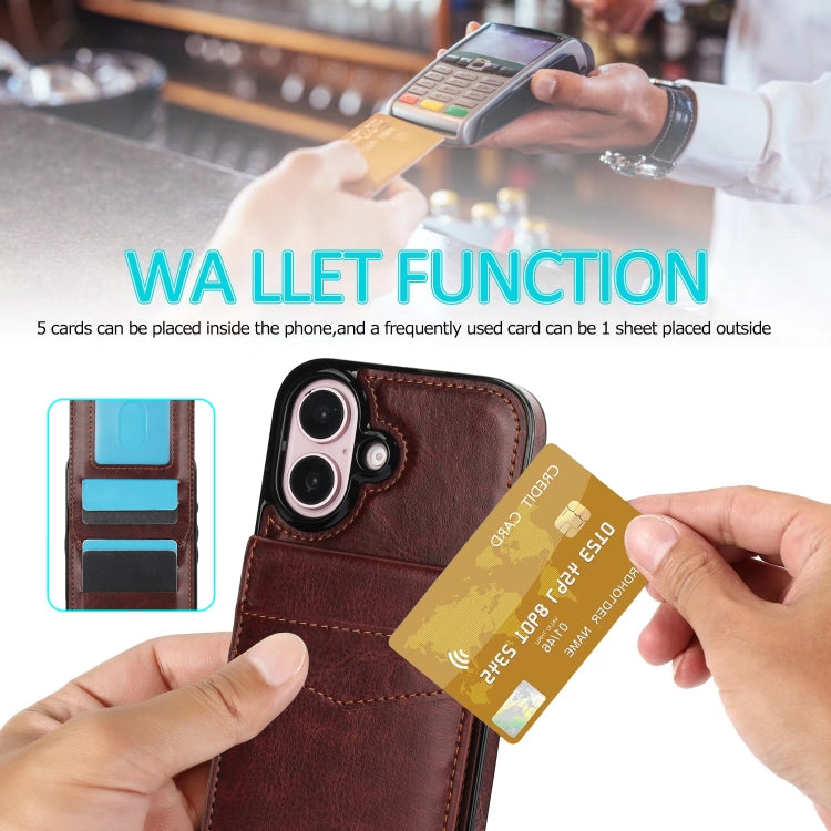For iPhone 16 Plus Solid Color Card Slots Bracket PU Phone Case