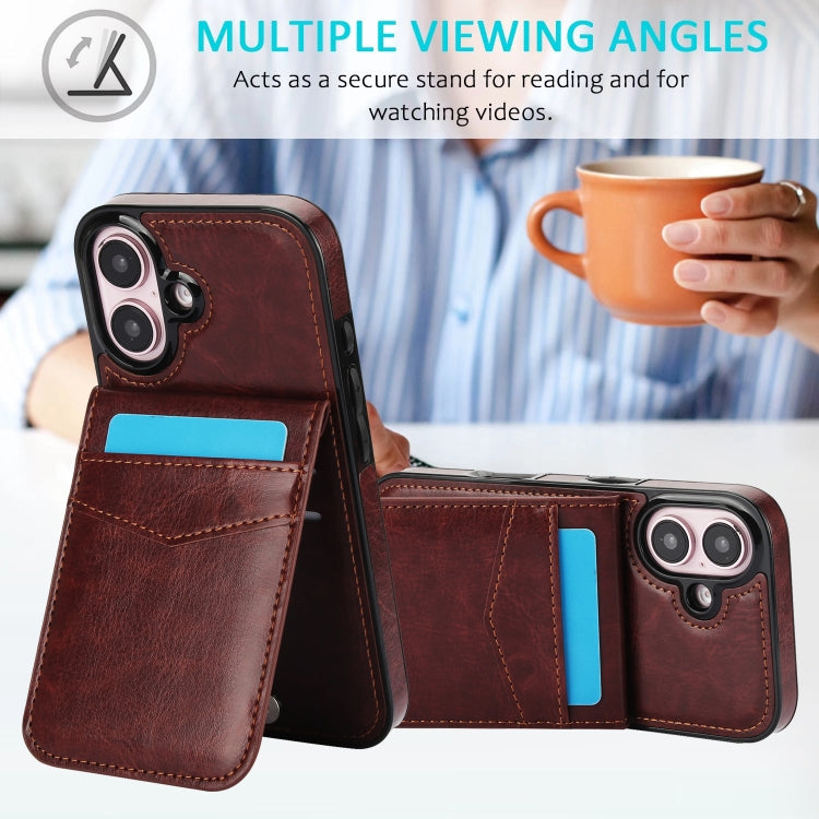 For iPhone 16 Plus Solid Color Card Slots Bracket PU Phone Case