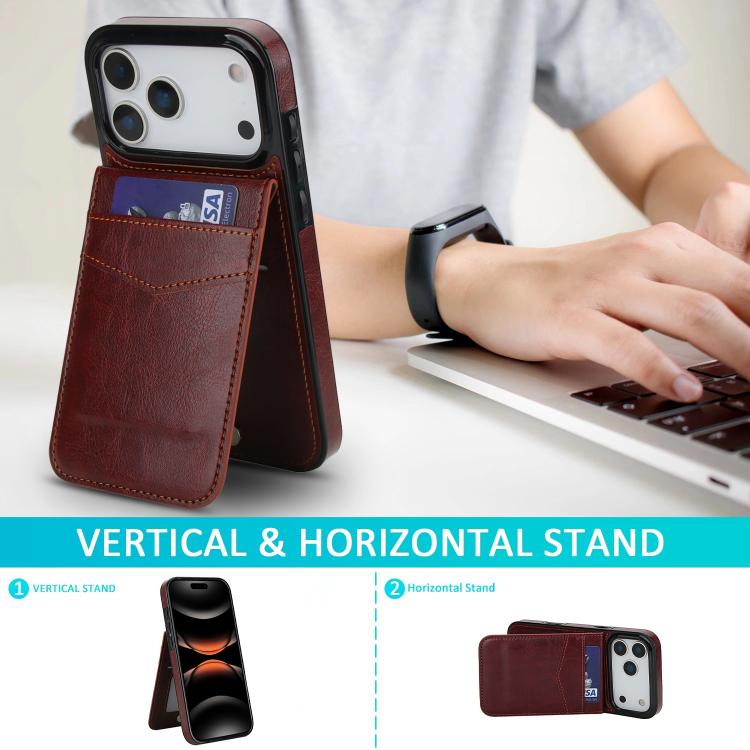 For iPhone 17 Pro Max Solid Color Card Slots Bracket PU Phone Case