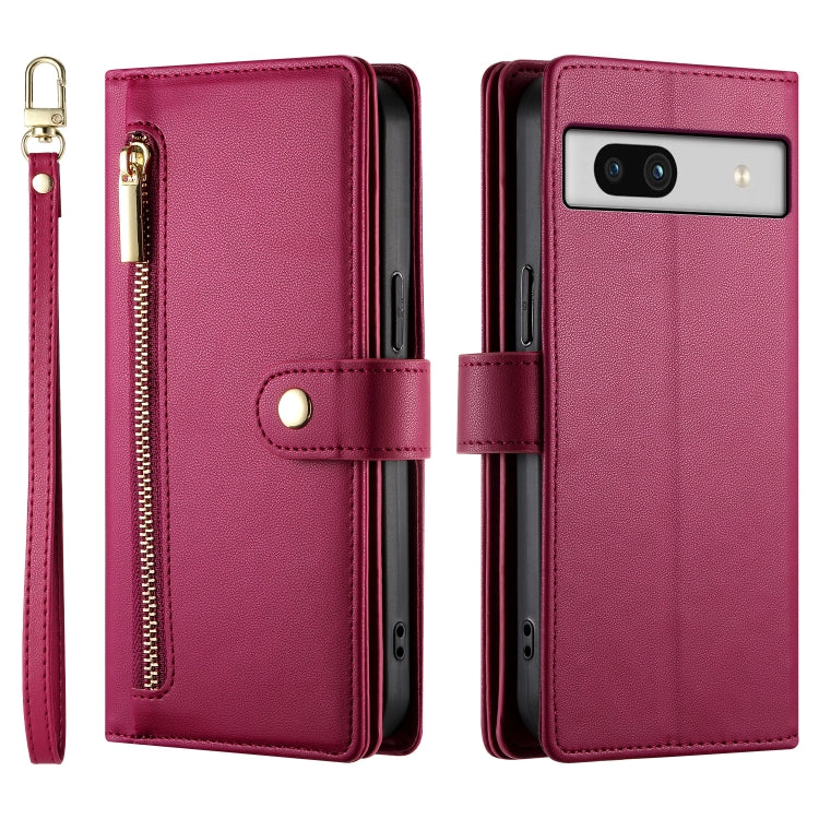 For Google Pixel 7a Nine Card-slot Zipper Wallet Bag Leather Phone Case