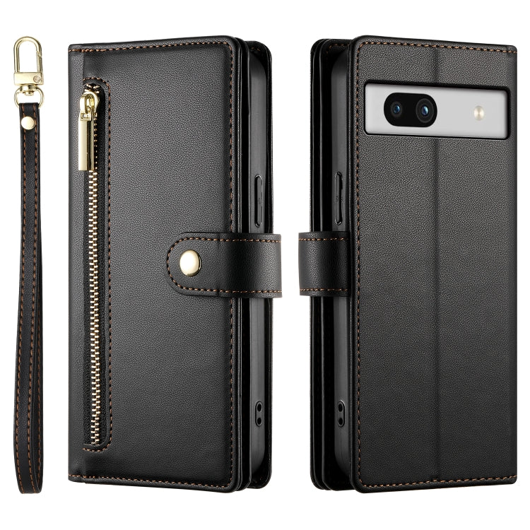 For Google Pixel 7a Nine Card-slot Zipper Wallet Bag Leather Phone Case