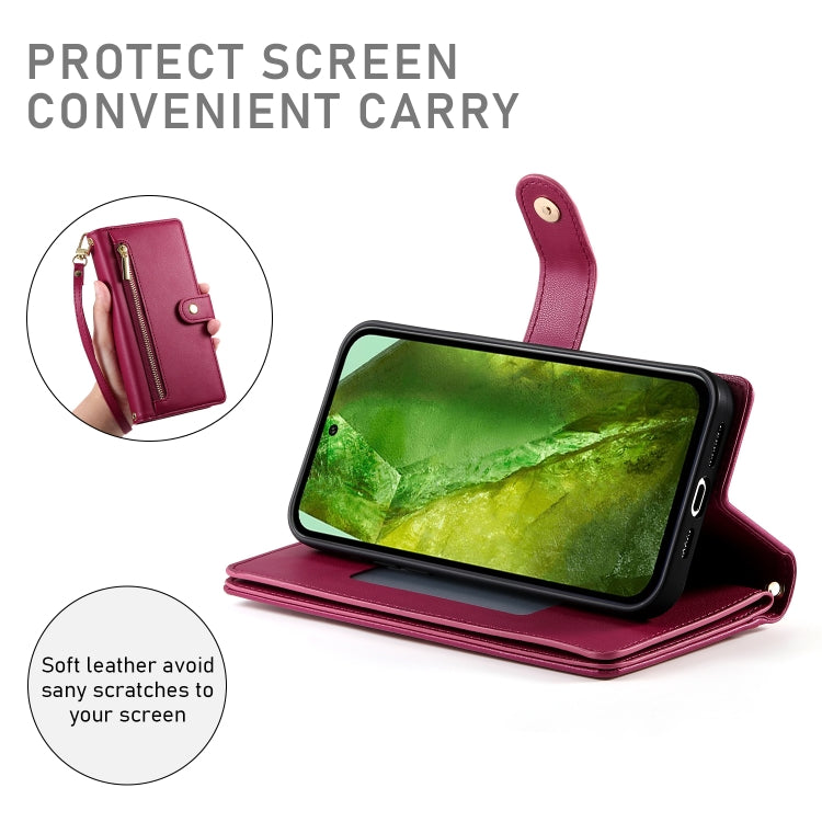 For Google Pixel 8a Nine Card-slot Zipper Wallet Bag Leather Phone Case