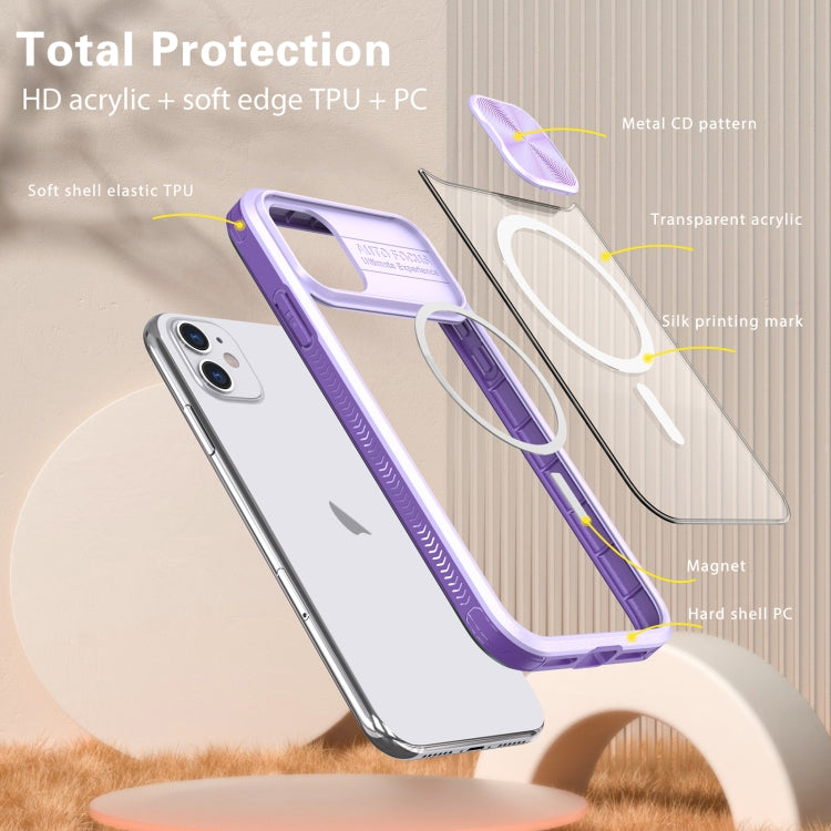 For iPhone 11 Clear Acrylic + PC + TPU MagSafe Lens Sliding Cover Full Coverage Phone Case