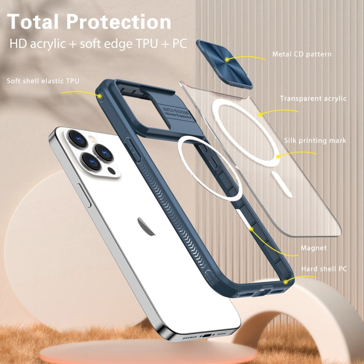 For  iPhone 11 Pro Max Clear Acrylic + PC + TPU MagSafe Lens Sliding Cover Full Coverage Phone Case