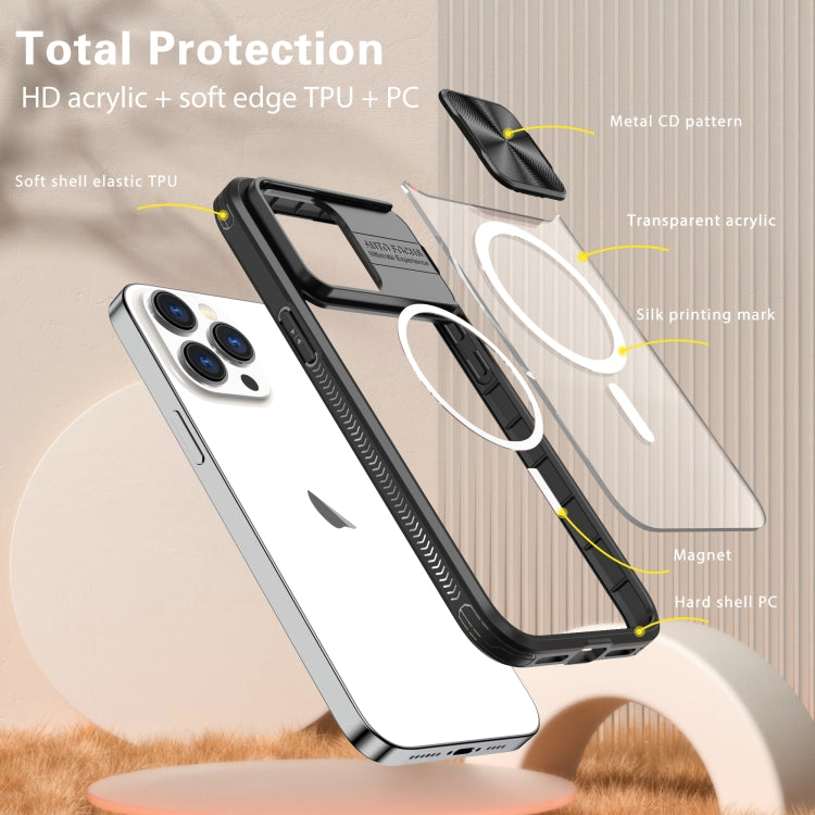 For  iPhone 12 Pro Max Clear Acrylic + PC + TPU MagSafe Lens Sliding Cover Full Coverage Phone Case
