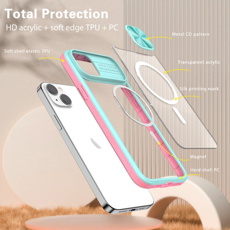 For iPhone 14 / 13 Clear Acrylic + PC + TPU MagSafe Lens Sliding Cover Full Coverage Phone Case