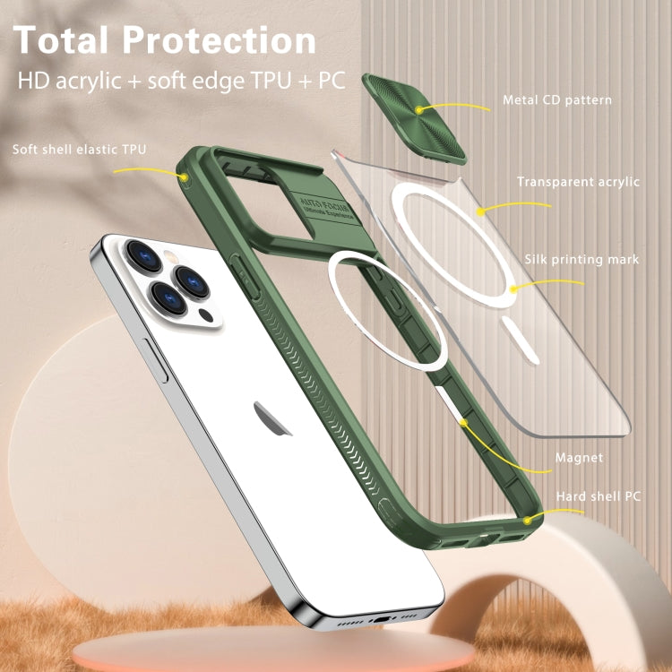 For  iPhone 14 Pro Max Clear Acrylic + PC + TPU MagSafe Lens Sliding Cover Full Coverage Phone Case