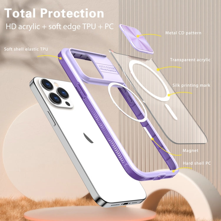 For  iPhone 14 Pro Max Clear Acrylic + PC + TPU MagSafe Lens Sliding Cover Full Coverage Phone Case