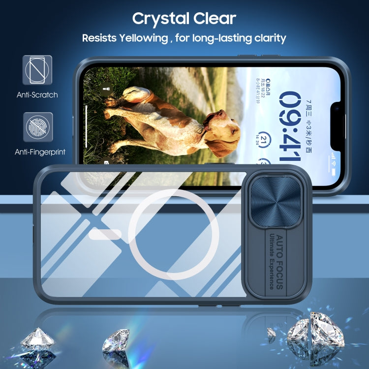 For iPhone 14 Plus Clear Acrylic + PC + TPU MagSafe Lens Sliding Cover Full Coverage Phone Case