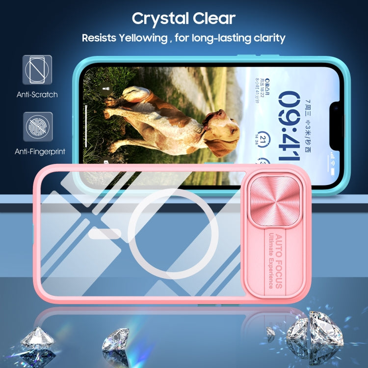 For iPhone 14 Plus Clear Acrylic + PC + TPU MagSafe Lens Sliding Cover Full Coverage Phone Case