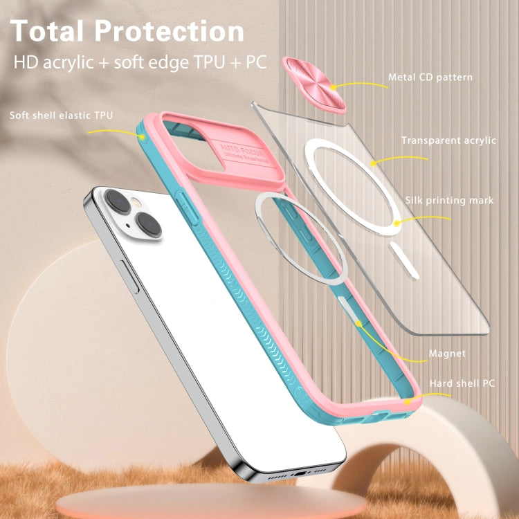 For iPhone 14 Plus Clear Acrylic + PC + TPU MagSafe Lens Sliding Cover Full Coverage Phone Case
