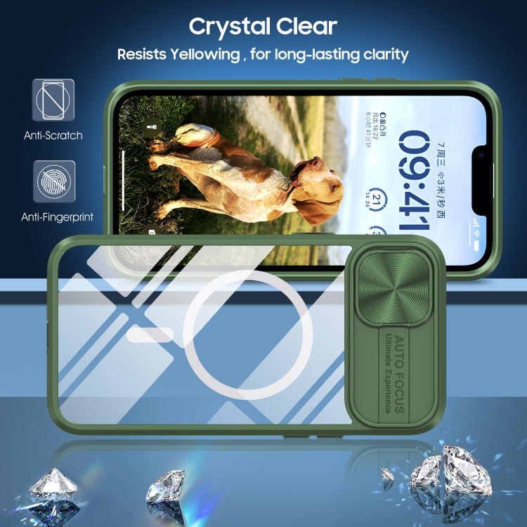 For iPhone 14 Plus Clear Acrylic + PC + TPU MagSafe Lens Sliding Cover Full Coverage Phone Case