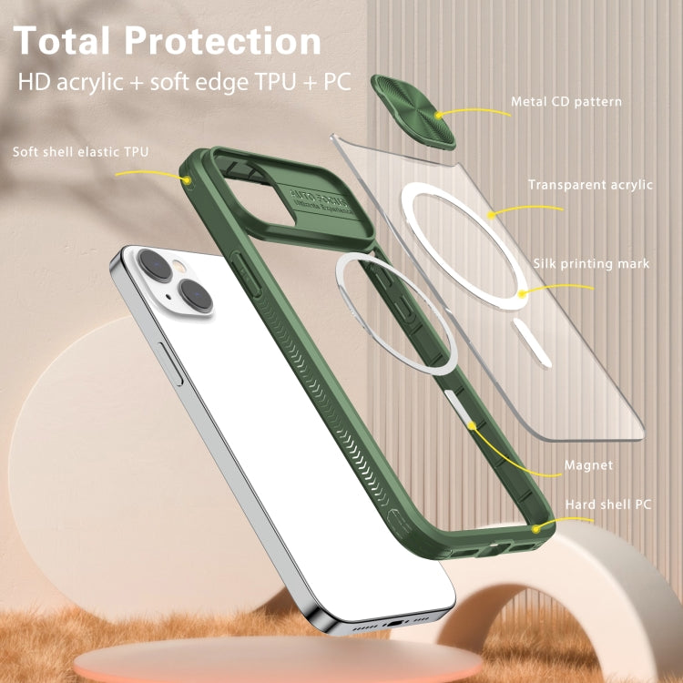 For iPhone 14 Plus Clear Acrylic + PC + TPU MagSafe Lens Sliding Cover Full Coverage Phone Case